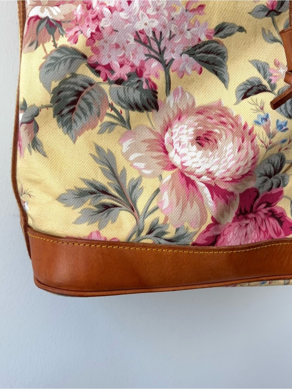 Vintage 80s Ralph Lauren Yellow Floral Drawstring Bucket Bag Leather Canvas Tote - Picture 10 of 15